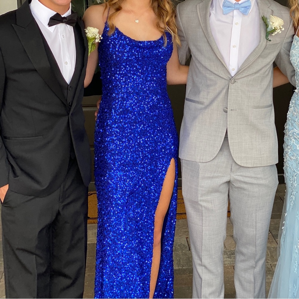 Navy blue sparkly prom dress with a cross cross back in great condition